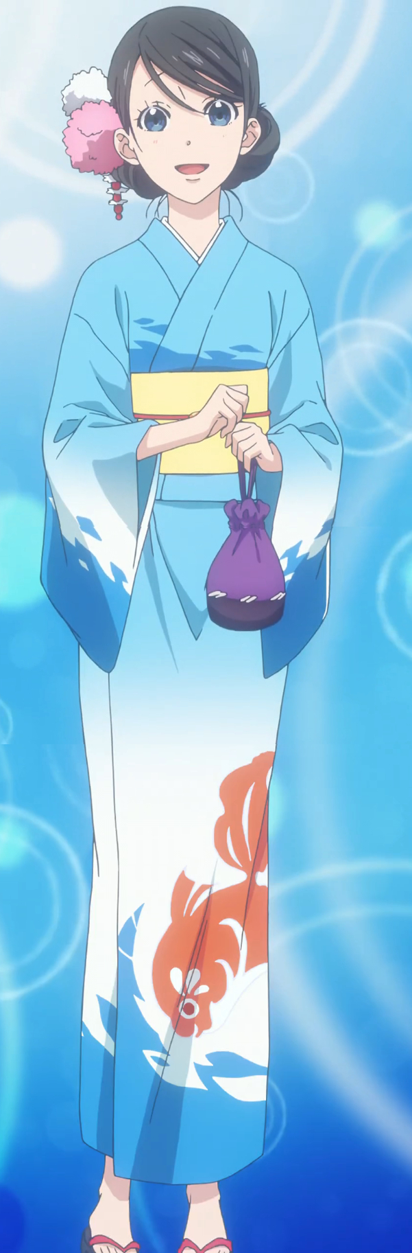 1girl alternate_hairstyle amanchu! bag black_hair blue_background blue_eyes dot_nose fish highres holding holding_bag japanese_clothes kimono long_sleeves medium_hair ooki_futaba open_mouth sandals solo standing stitched third-party_edit yukata