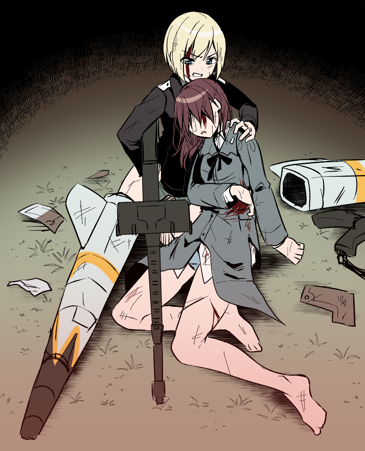 2girls bad_id bad_pixiv_id barefoot black_jacket blonde_hair blood blood_on_face blue_eyes blue_panties brown_hair clenched_teeth collared_shirt cuts double-drum_magazine drum_magazine erica_hartmann machine_gun gertrud_barkhorn grass grey_jacket gun high-capacity_magazine highres holding holding_gun holding_weapon ichiren_namiro injury jacket long_hair long_sleeves looking_at_viewer machine_gun magazine_(weapon) mg42 multiple_girls no_pants on_grass panties parted_lips saddle-drum shirt strike_witches striker_unit teeth underwear v-shaped_eyebrows weapon white_shirt world_witches_series