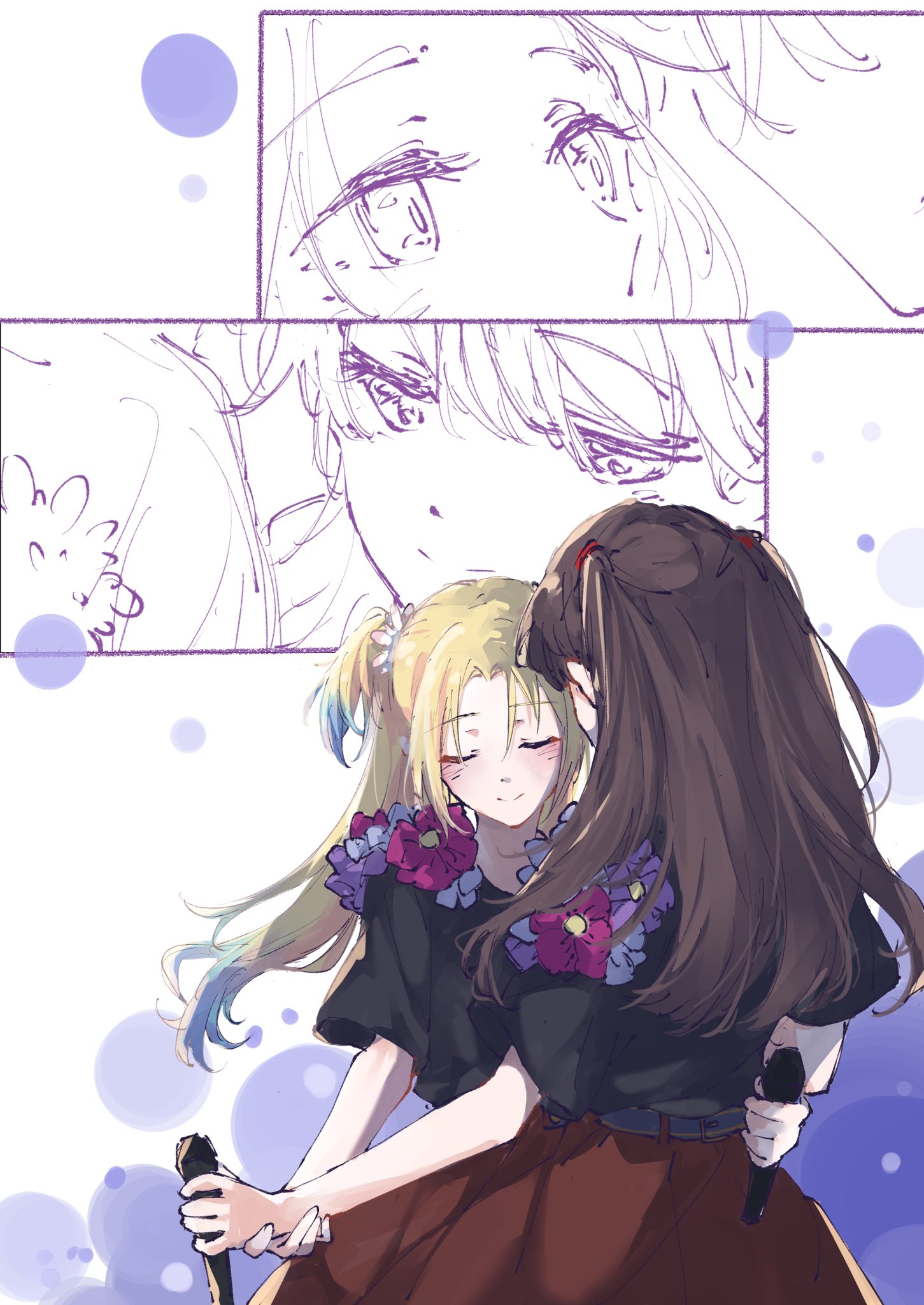 2girls 4th_live_dream_~bloom_the_dream_believers~ black_shirt blonde_hair blue_hair brown_hair brown_skirt closed_eyes closed_mouth commentary flower fujishima_megumi gradient_hair hair_flower hair_ornament half-closed_eyes hashtag-only_commentary hasu_no_sora_school_uniform highres holding holding_another's_wrist holding_microphone l9525 link!_like!_love_live! long_hair love_live! mahara_jamboree_ii microphone mira-cra_park! multicolored_hair multiple_girls multiple_views osawa_rurino pink_flower purple_flower school_uniform shirt shirt_flower short_sleeves skirt smile split_mouth t-shirt twintails two_side_up u_u virtual_youtuber winter_uniform yuri