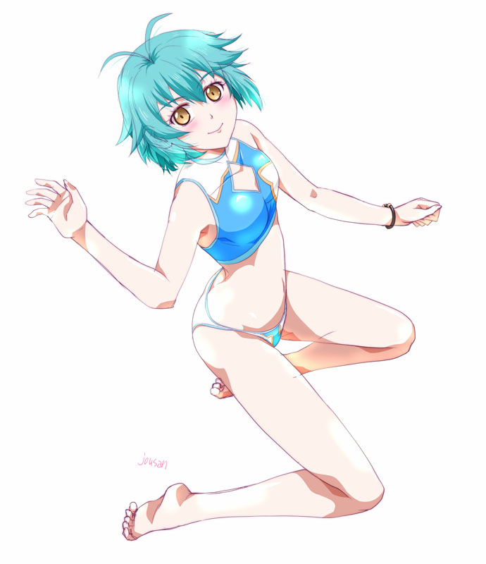 1girl ahoge artist_name barefoot bikini blue_hair bracelet breasts cleavage_cutout clothing_cutout double-parted_bangs eiyuu_densetsu hair_between_eyes hajimari_no_kiseki jewelry kneeling looking_at_viewer millium_orion short_hair simple_background small_breasts smile solo swimsuit white_background xiacheng_tatsuya yellow_eyes