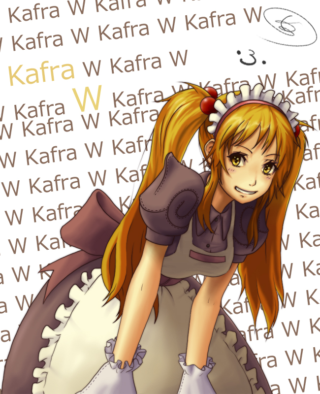 1girl apron blonde_hair breasts brown_dress brown_sash character_name collared_dress commentary_request cowboy_shot curly_sue dress frilled_apron frills gloves grin inaba515 kafra_uniform leaning_forward looking_at_viewer maid maid_headdress medium_breasts puffy_short_sleeves puffy_sleeves ragnarok_online short_sleeves sidelocks smile solo twintails white_apron white_background white_gloves yellow_eyes