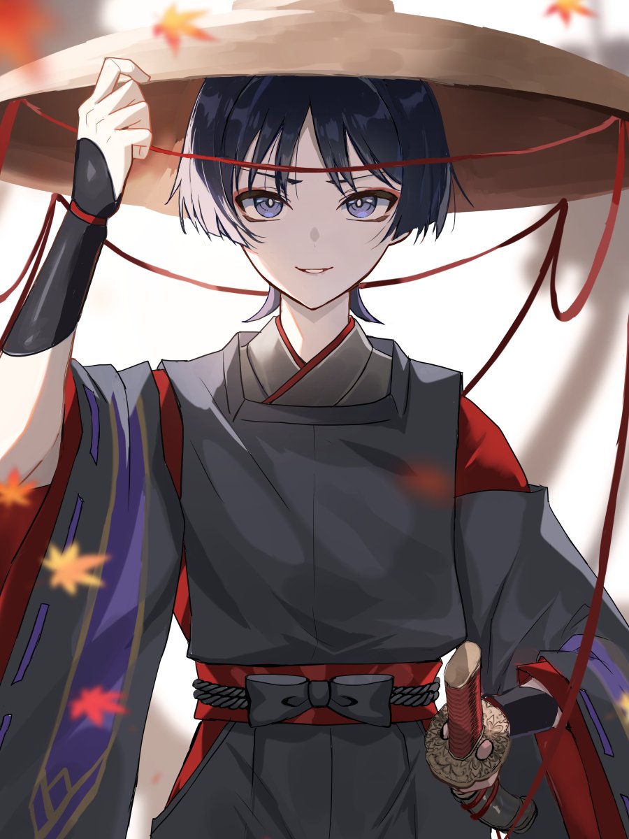 1boy arm_at_side armor black_bow black_hair black_pants black_rope black_sleeves blunt_ends bow bright_pupils brown_hat clothing_cutout eyeliner eyeshadow genshin_impact grey_kimono han&#039;eri hand_on_headwear hand_on_own_hip hand_up hat highres hip_vent holding holding_unworn_clothes holding_unworn_hat ichimegasa japanese_armor japanese_clothes kariginu katana kimono kote kuronushi_(genshin_impact) layered_kimono layered_sleeves leaf looking_at_viewer makeup male_focus maple_leaf pants parted_lips purple_eyes red_eyeliner red_eyeshadow red_kimono red_sash red_sleeves ribbon-trimmed_sleeves ribbon_trim rope sash scaramouche_(genshin_impact) sheath sheathed shoulder_cutout smile snow20200 solo straight-on sword three-quarter_sleeves unworn_hat unworn_headwear weapon white_mouth white_pupils wide_sleeves