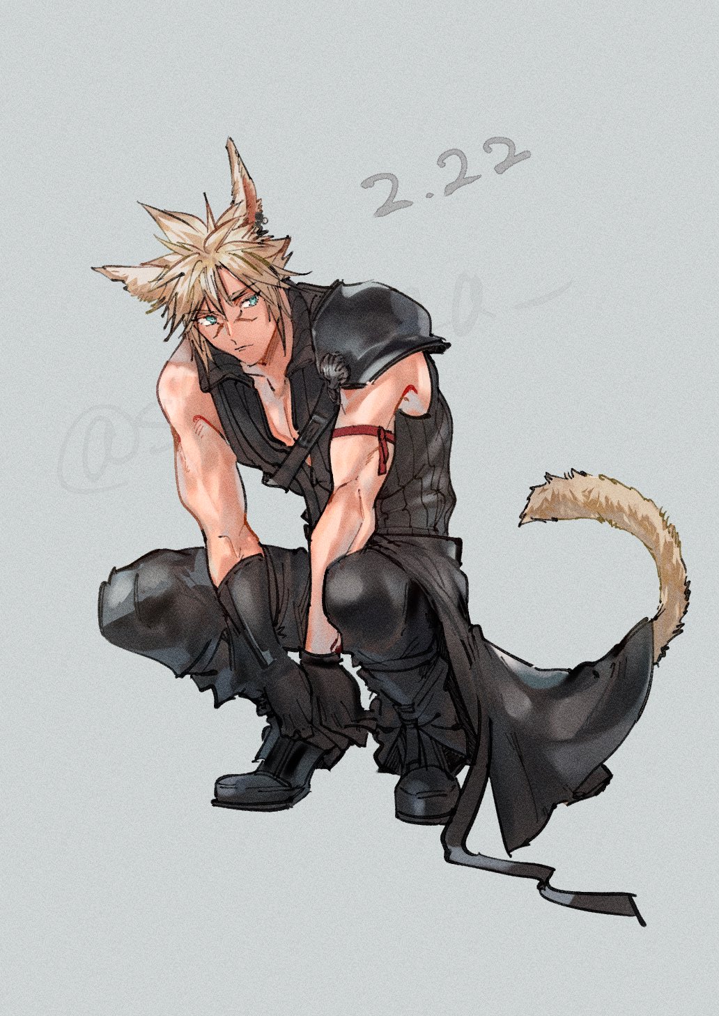 animal_ears aqua_eyes arm_up armor black_cape black_gloves black_pants black_vest blonde_hair boots cape cat_boy cat_day cat_ears cat_tail dated facial_mark final_fantasy final_fantasy_vii final_fantasy_vii_advent_children final_fantasy_xiv full_body gloves grey_background hair_between_eyes highres miqo&#039;te pants pauldrons popped_collar red_ribbon ribbon shio_ga short_hair shoulder_armor single_bare_shoulder single_pauldron spiked_hair squatting tail vest waist_cape