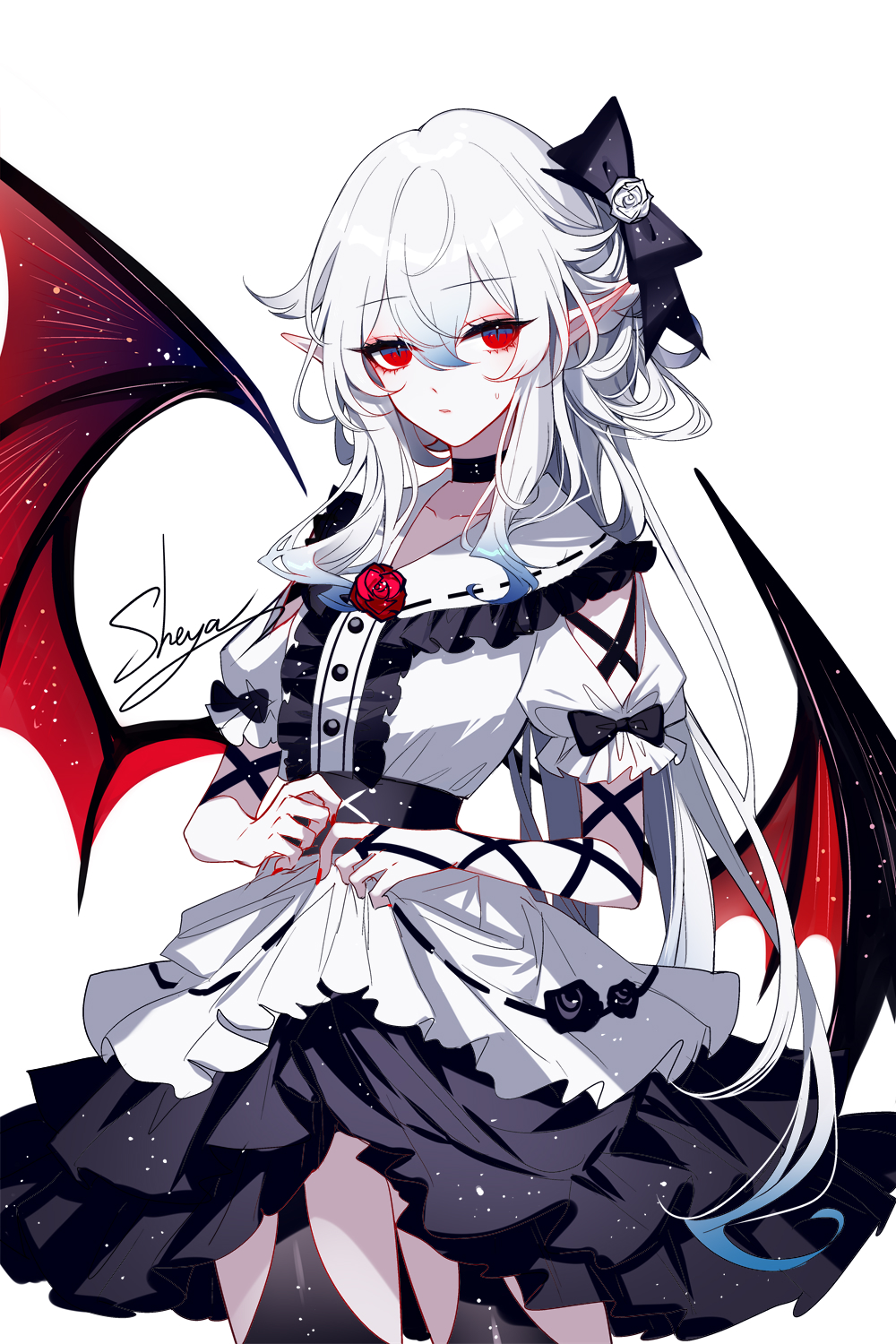 1girl artist_name black_bow black_choker bow center_frills choker clothing_cutout corset cowboy_shot dress frills hair_bow highres long_hair looking_at_viewer nail_polish original petticoat pointy_ears puffy_short_sleeves puffy_sleeves red_eyes red_nails sheya short_sleeves shoulder_cutout signature simple_background solo standing very_long_hair white_background white_dress white_hair wings