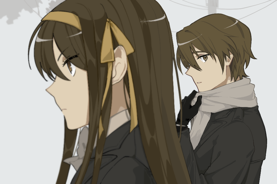 1boy 1girl bow bowtie brown_bow brown_bowtie brown_coat brown_eyes brown_gloves brown_hair brown_scarf coat collared_shirt commentary_request durumi_(4ofo1nf43kuvxkl) from_side gloves hair_ribbon hairband koizumi_itsuki korean_commentary kouyouen_academy_school_uniform long_hair looking_at_another looking_to_the_side official_alternate_costume official_alternate_hair_length official_alternate_hairstyle orange_hairband ribbon scarf school_uniform shirt short_hair suzumiya_haruhi suzumiya_haruhi_no_shoushitsu suzumiya_haruhi_no_yuuutsu white_shirt winter_uniform yellow_hairband yellow_ribbon