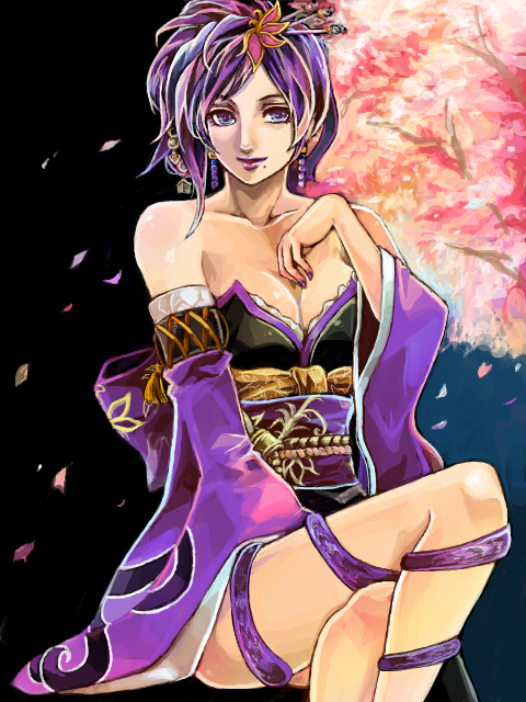breasts butterfly_hair_ornament cleavage crossed_legs detached_sleeves earrings fingernails hair_ornament hand_on_own_chest japanese_clothes jewelry kimono legs lips lipstick makeup mole mole_under_mouth nail_polish nouhime obi petals purple_eyes purple_hair sash sengoku_musou sitting yukata