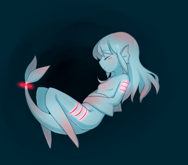 1girl animal_ears between_legs blue_eyes blue_hair blue_sclera blue_skin breasts closed_eyes colored_sclera colored_skin female_focus filet_(kai_himo) fins floating from_side full_body gills gradient_hair head_fins kai_himo monster_girl multicolored_hair no_arms no_feet no_legs nude original pink_hair red_pupils small_breasts solo tail tail_between_legs underwater