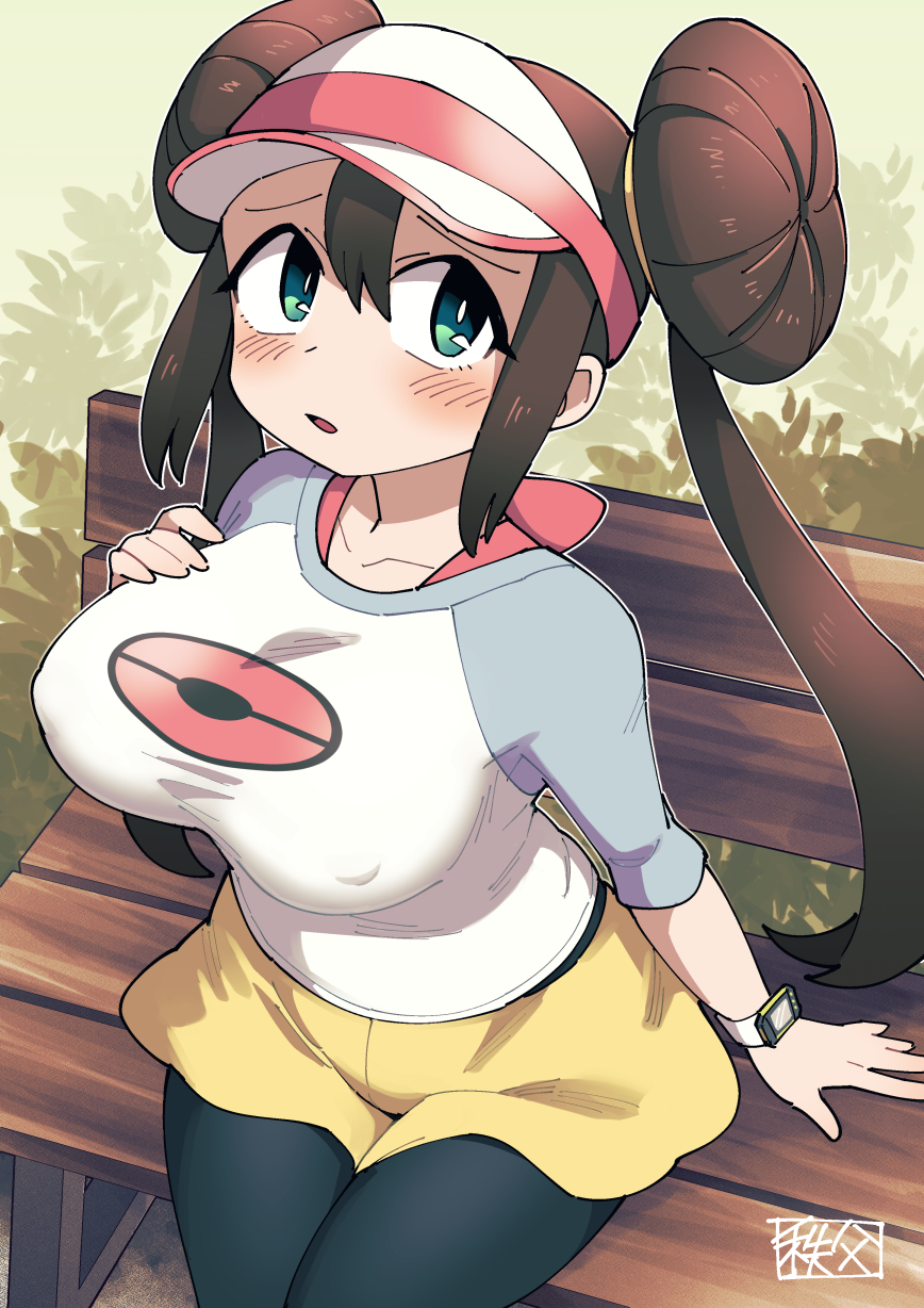 breasts brown_hair chichibu_(watson) donut_hair_bun hair_bun highres large_breasts nintendo pokemon pokemon_bw2 raised_eyebrows rosa_(pokemon)