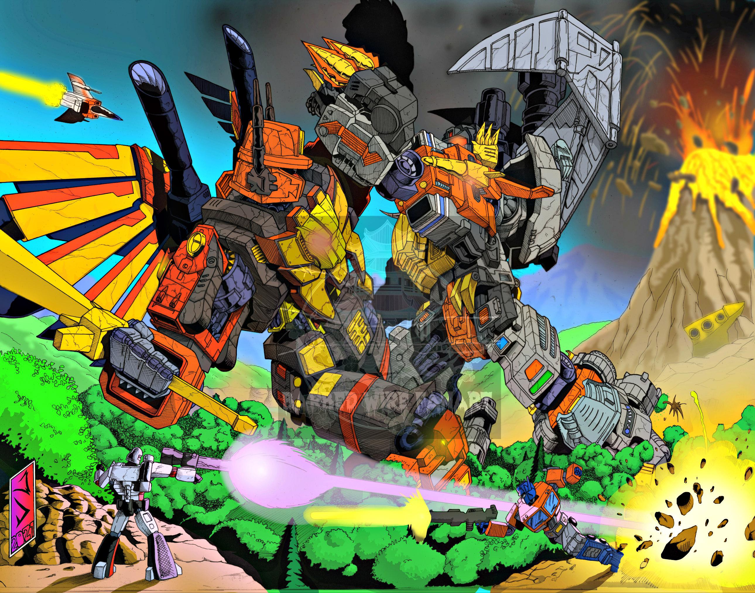 1980s_(style) 4boys aircraft airplane arm_cannon armor assault_visor autobot barbedwirefanart battle buffalo cannon clenched_hands decepticon energon fighter_jet fighting gattai glowing glowing_eyes headgear highres holding holding_sword holding_weapon horns insignia machine machinery mecha mecha_focus mechanical_wings megatron military_vehicle multiple_boys no_humans oldschool optimus_prime predacon predaking red_eyes red_visor retro_artstyle rhinoceros robot science_fiction shoulder_cannon super_robot sword transformers transformers:_generation_1 transformers_power_of_the_primes volcanicus watermark weapon wings