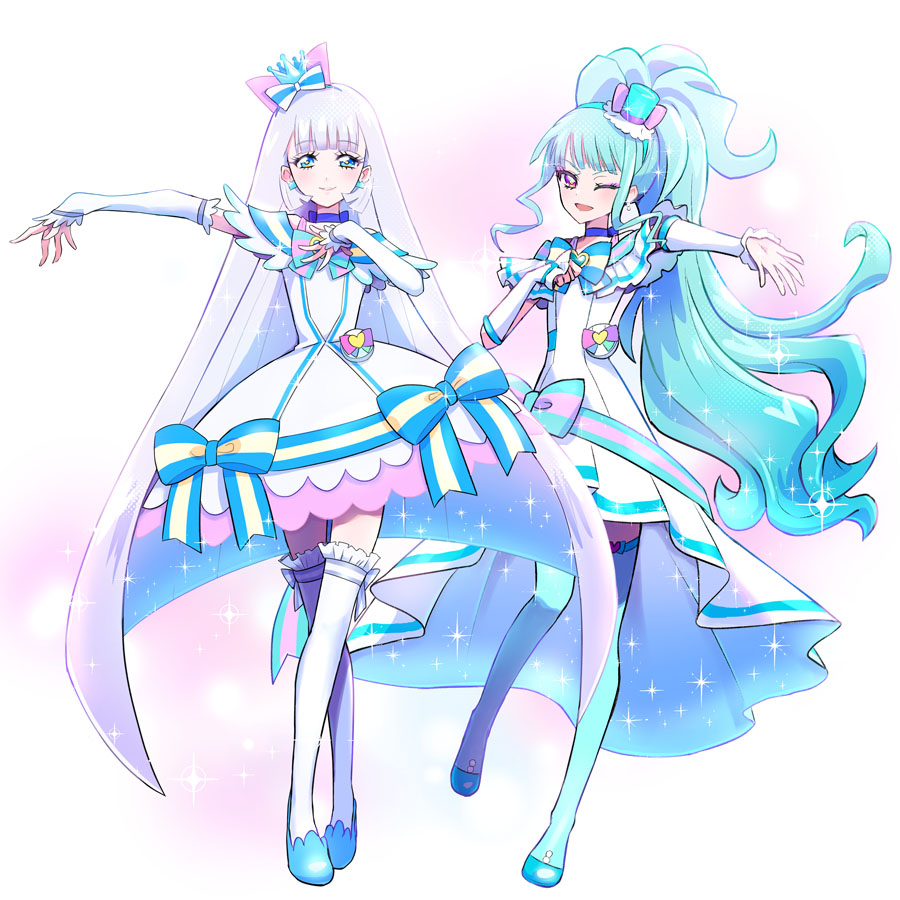 2girls ;d animal_ear_hairband animal_ears aqua_boots aqua_bow aqua_hair aqua_hairband aqua_hat arm_warmers bare_shoulders blue_bow blue_choker blue_crown blue_eyes blue_hairband blue_shoes blunt_bangs blunt_ends blush boots bow bow_hairband bright_pupils brooch cat_ear_hairband cat_ears choker commentary crossed_legs crown crown_earrings cure_lillian cure_nyammy dot_nose dress dress_bow earrings emine_mutsu fake_animal_ears frilled_arm_warmers frilled_dress frilled_thighhighs frills full_body hairband hand_on_own_chest hat heart heart_brooch jewelry long_hair looking_at_viewer magical_girl medium_dress mini_crown mini_hat mini_top_hat multicolored_bow multiple_girls nekoyashiki_mayu nekoyashiki_yuki off-shoulder_dress off_shoulder one_eye_closed open_mouth outstretched_arm outstretched_hand pact_holder pearl_earrings petticoat ponytail pouch precure purple_eyes reaching reaching_towards_viewer shiny_cats_pact shoes side-by-side side_ponytail simple_background smile sparkle sparkle_background standing straight_hair striped_bow thigh_boots thighhighs tilted_headwear top_hat very_long_hair white_arm_warmers white_background white_bow white_dress white_hair white_thighhighs wonderful_precure! yellow_pupils zettai_ryouiki