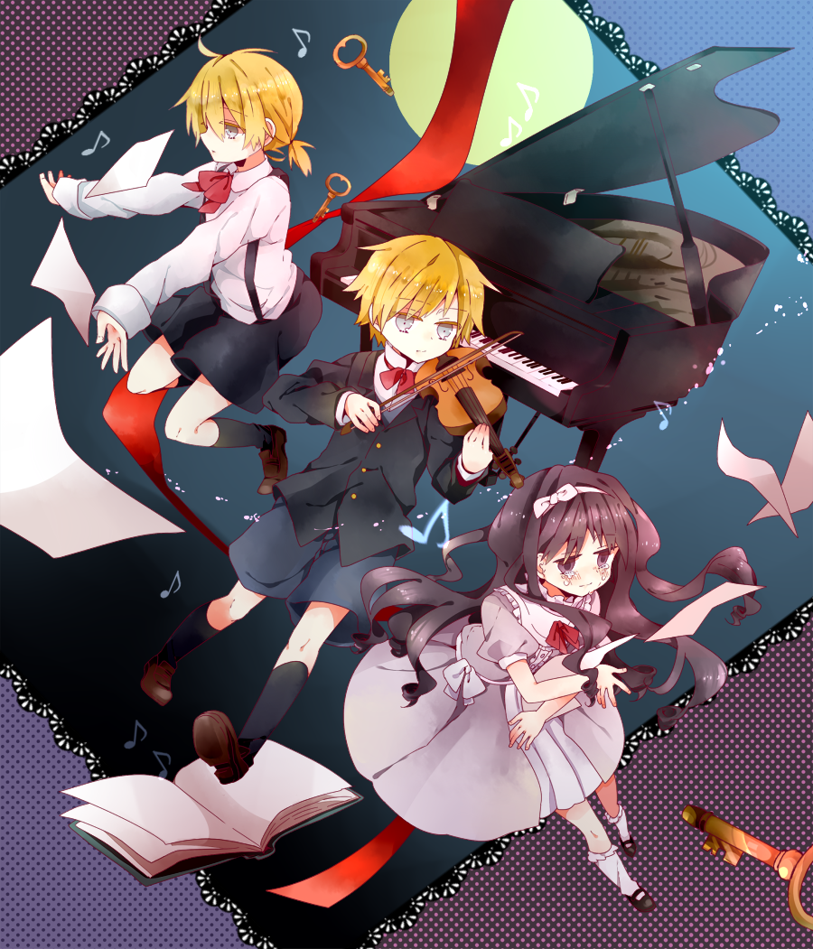 1girl 2boys black_hair blonde_hair blue_eyes book bow bowtie brothers chloe_ardenne chloe_no_requiem dress formal_clothes hair_bow hairband instrument key long_hair michel_d&#039;alembert multiple_boys musical_note open_book piano pierre_d&#039;alembert ponytail short_hair siblings smile suspenders tears traditional_bowtie twins urahinon violin