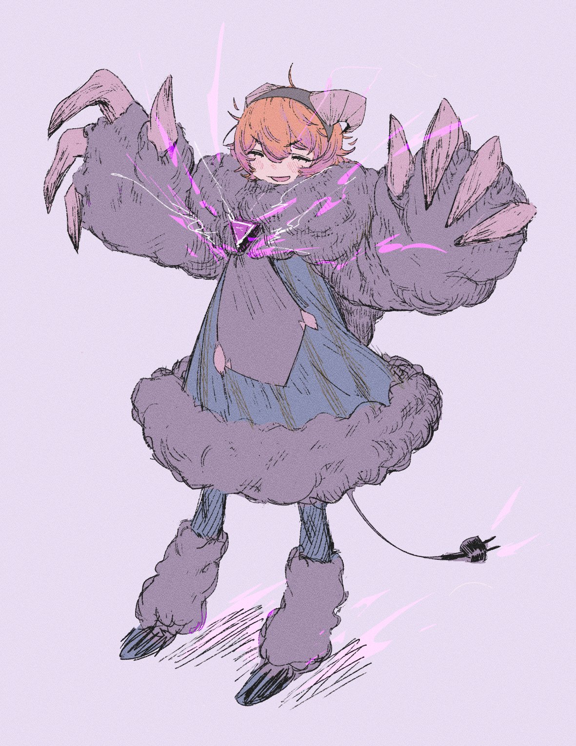 1girl black_hairband blonde_hair claws closed_eyes don_quixote_(project_moon) dress e.g.o_(project_moon) electric_plug electric_plug_tail electric_screaming_(e.g.o) electricity fur-trimmed_dress fur_trim hairband hands_up highres horns limbus_company open_mouth project_moon purple_dress smile tail wenli