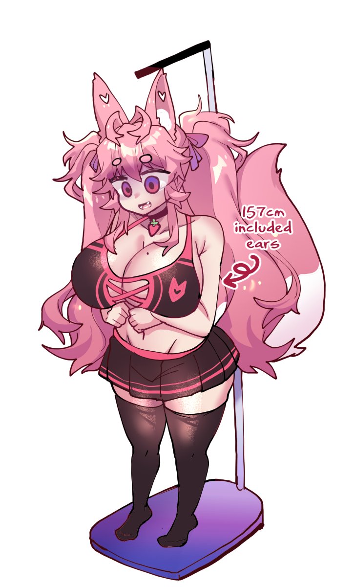 1girl animal_ears black_thighhighs breasts choker empty_eyes fang fox_ears fox_girl fox_tail height height_conscious highres huge_breasts kireina_(osiimi) long_hair midriff miniskirt mole mole_on_breast navel open_mouth original osiimi pink_eyes pink_hair pleated_skirt simple_background skirt sports_bra tail thighhighs twintails very_long_hair virtual_youtuber white_background zettai_ryouiki