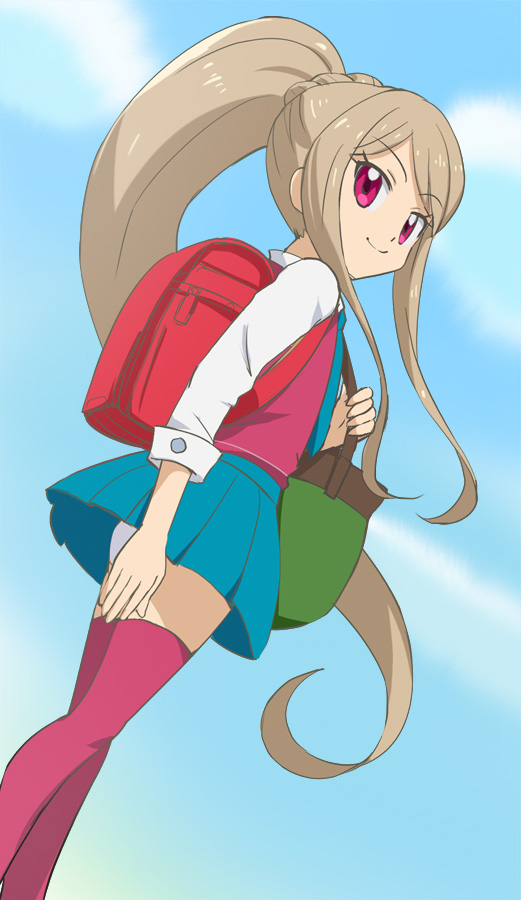 1girl blue_necktie closed_mouth cloud cocotama_(series) collared_shirt hair_between_eyes haruyama_kazunori high_ponytail kamisama_minarai:_himitsu_no_cocotama light_brown_hair long_hair long_sleeves looking_at_viewer necktie panties ponytail purple_eyes red_thighhighs red_vest sakurai_nozomi_(kamisama_minarai) school_uniform shirt sidelocks smile solo thighhighs underwear very_long_hair vest white_panties white_shirt