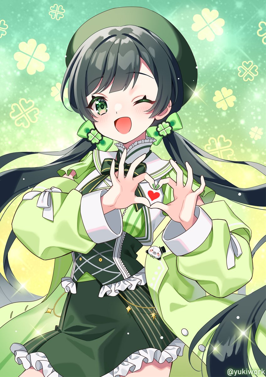 1girl ;d aiceclass black_hair bow commission frills green_bow green_eyes green_jacket green_nails hair_bow heart heart_hands highres jacket kotoha_(aiceclass) long_hair one_eye_closed open_clothes open_jacket open_mouth skeb_commission smile solo swept_bangs twintails very_long_hair virtual_youtuber yukinko_(yukiwork)