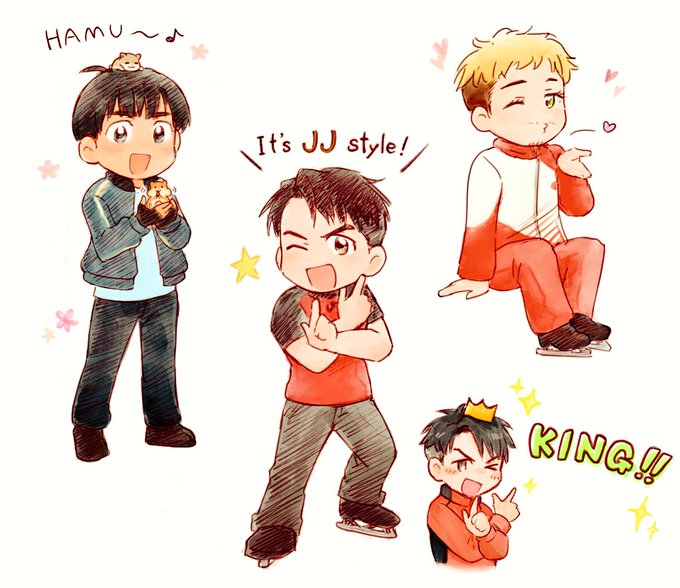 3boys :d ;d animal animal_on_head black_hair blonde_hair blowing_kiss blue_eyes christophe_giacometti crown english_text green_eyes grey_eyes hamster heart ice_skates it&#039;s_j.j._style! jacket jean-jacques_leroy male_focus multicolored_hair multiple_boys on_head one_eye_closed open_mouth pants phichit_chulanont skates smile sparkle star_(symbol) takeshi_(mononohu20) track_jacket two-tone_hair yuri!!!_on_ice