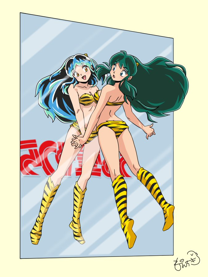 1980s_(style) 2022 animal_print animal_print_panties aqua_hair bikini boots comparison green_hair lum mirror oldschool retro_artstyle swimsuit urusei_yatsura