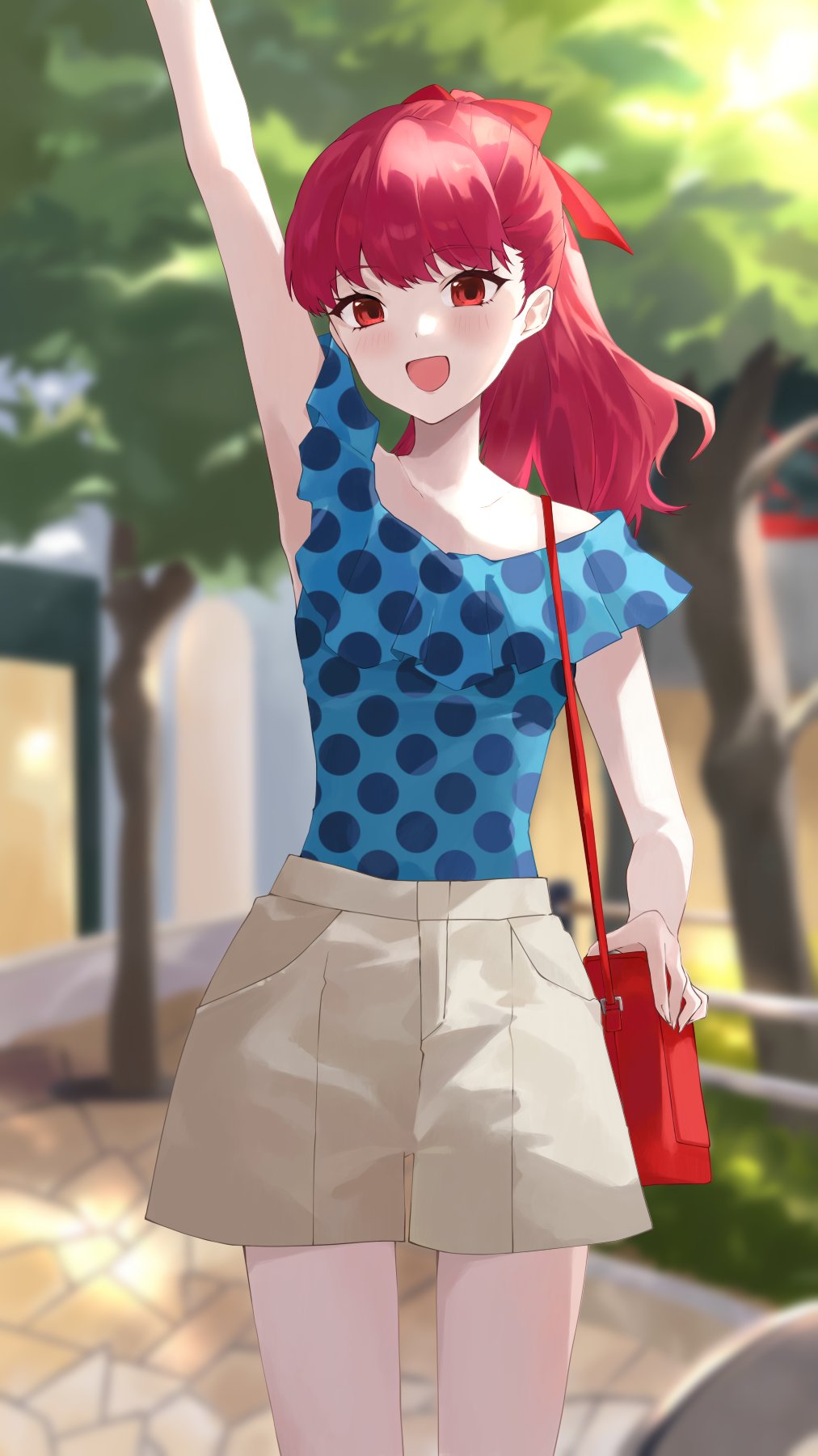 1girl bag blue_shirt cargo_shorts collarbone cowboy_shot flat_chest hand_up highres konchi_(63438789) long_hair open_mouth persona persona_5 persona_5_the_royal polka_dot polka_dot_shirt ponytail red_eyes red_hair shirt shorts shoulder_bag smile teeth yoshizawa_kasumi