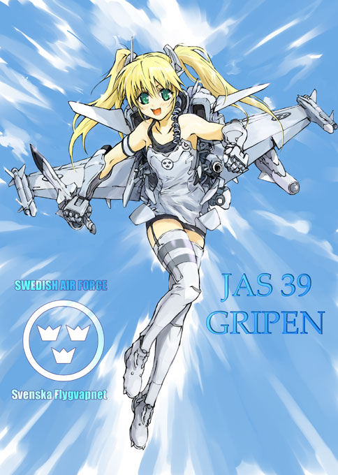 1girl aircraft airplane bad_id bad_pixiv_id blonde_hair female_focus funeral_(artist) green_eyes jet mecha_musume military original saab_gripen solo sumisi thighhighs twintails zettai_ryouiki