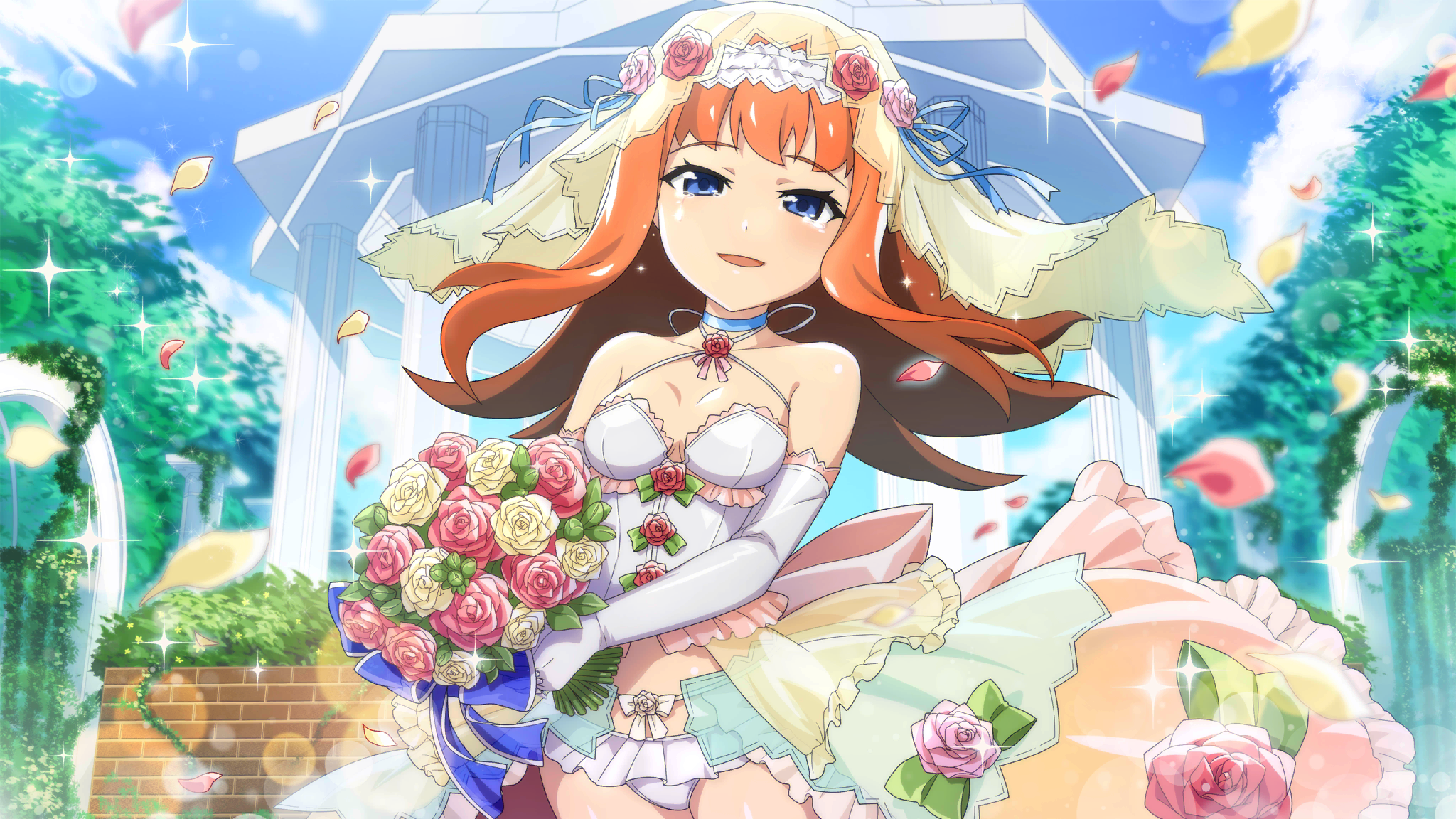 1girl blue_eyes blurry bouquet cowboy_shot day depth_of_field dress falling_petals flipped_hair flower game_cg gazebo gloves happy_tears highres higurashi_no_naku_koro_ni higurashi_no_naku_koro_ni_mei holding holding_bouquet houtani_nao lens_flare long_hair looking_at_viewer non-web_source official_alternate_costume official_art orange_hair outdoors petals pink_flower pink_petals pink_rose red_flower red_rose rose solo sparkle standing strapless strapless_dress tears tree veil wedding wedding_dress white_dress white_flower white_gloves white_rose yellow_petals