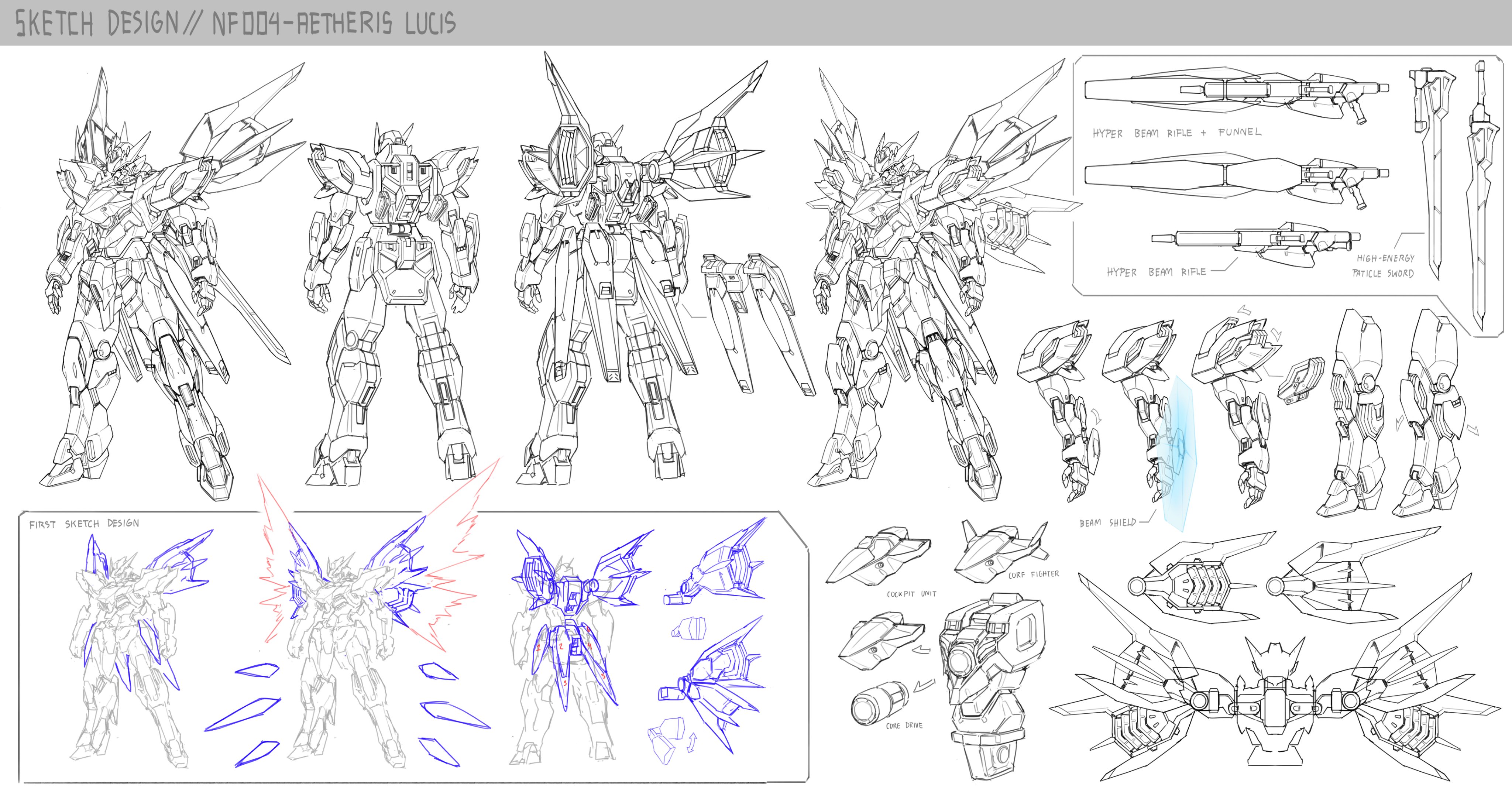 absurdres armor arrow_(symbol) beam_rifle beam_shield commentary concept_art core_fighter energy_gun energy_wings english_commentary english_text heat_sink highres mecha mecha_focus no_humans original partially_colored remote_weapon_system robot shield shoulder_armor simple_background sword thrusters weapon zen_(jirakun)