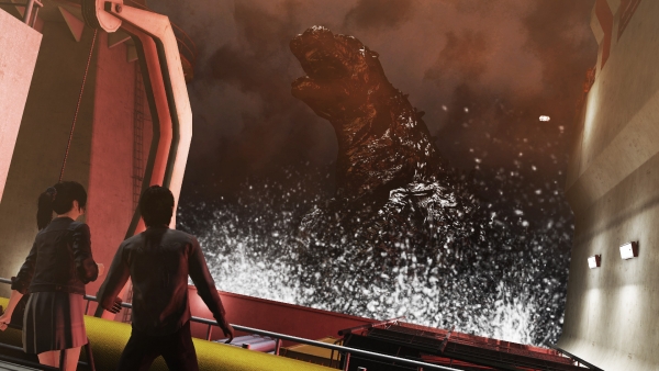 1boy 1girl city_shrouded_in_shadow dinosaur giant giant_monster godzilla godzilla_(series) godzilla_vs._king_ghidorah granzella kaiju kouno_yuki misaki_ken monster night roaring sea_monster ship toho water watercraft