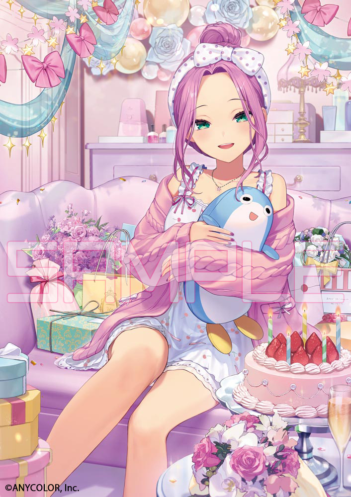 1girl :d box cake candle commentary_request copyright_notice cosmetics couch drink fingernails fire flower food frills fruit gift gift_box glass green_eyes hair_bun holding holding_stuffed_toy jacket jewelry lamp looking_at_viewer nail_polish nail_polish_bottle necklace nijisanji official_alternate_costume official_alternate_hairstyle official_art open_clothes open_jacket open_mouth polka_dot purple_hair purple_jacket purple_nails sakura_ritsuki sample_watermark sitting smile solo strawberry stuffed_toy teeth tongue tsunakawa upper_teeth_only virtual_youtuber watermark white_flower