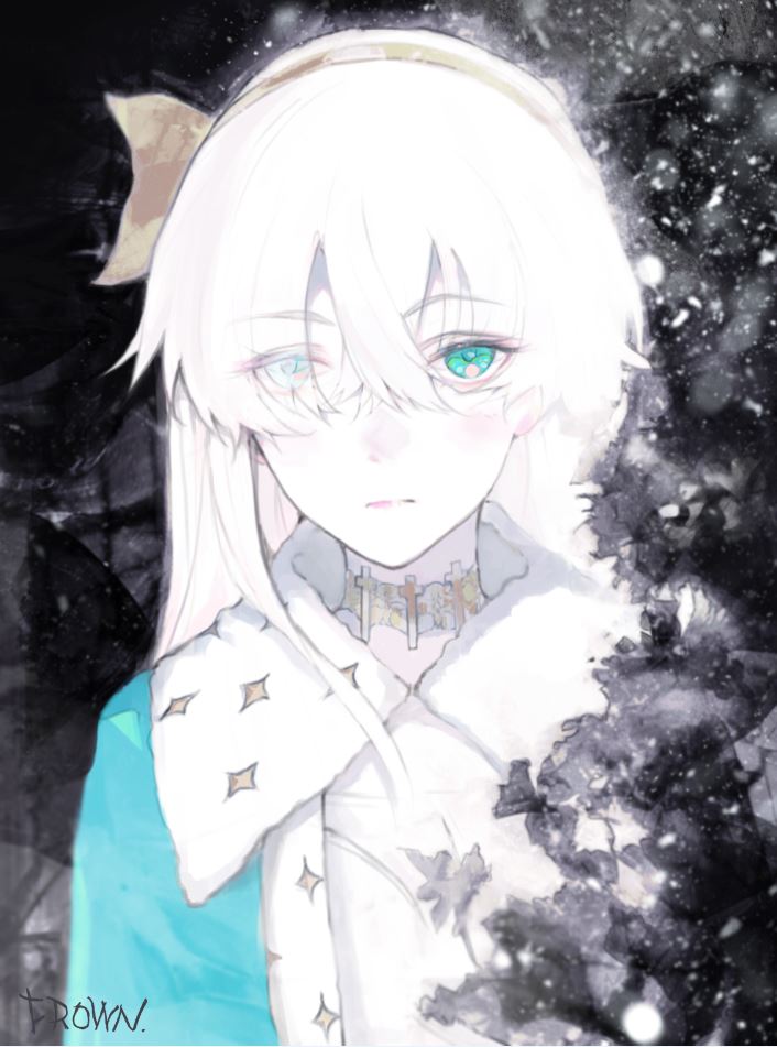 1girl abstract_background anastasia_(fate) black_background blue_cloak blue_eyes blush branch choker cloak closed_mouth cross cross_choker dress expressionless eyes_visible_through_hair fate/grand_order fate_(series) frown_(wonderland85711) fur-trimmed_cloak fur_trim gold_hairband hair_over_one_eye hairband latin_cross long_hair looking_at_viewer pale_skin pixiv_fate/grand_order_contest_2 signature snow solo upper_body white_dress white_hair