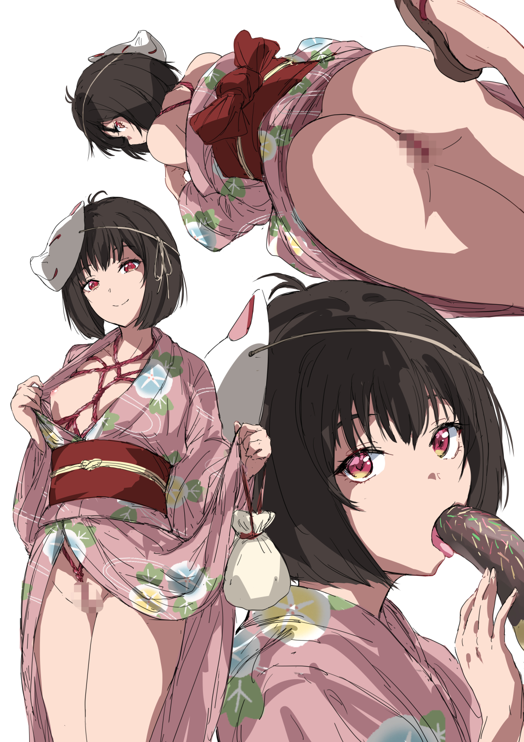 1girl ass back_bow bare_shoulders black_hair bow breasts censored chocolate_banana clothes_lift eating fox_mask highres japanese_clothes kimono kimono_lift kimono_pull kinchaku lifting_own_clothes mask mask_on_head matsukura_nemu mosaic_censoring multiple_views nipples no_bra no_panties obi open_clothes open_kimono opened_by_self osanai_yuki pink_kimono pouch print_kimono red_bow red_eyes sandals sash sexually_suggestive shibari shibari_under_clothes short_hair shoushimin_series small_breasts smile tongue tongue_out white_background yukata zouri