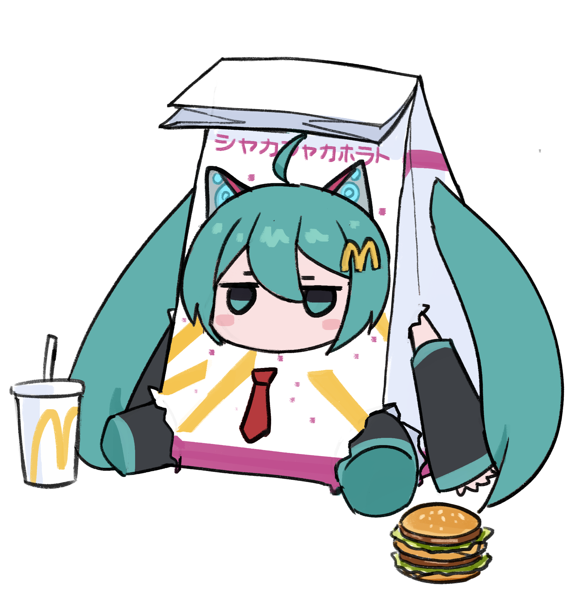 1girl ahoge aqua_eyes aqua_hair blush_stickers burger chibi chibi_only commentary food gabang hatsune_miku highres logo_hair_ornament long_hair mcdonald&#039;s necktie no_mouth red_necktie shakacat sitting solo twintails vocaloid