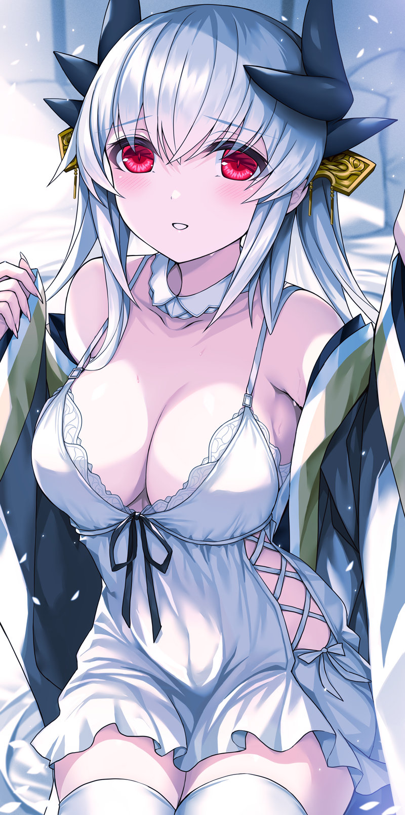 1girl bare_shoulders blush breasts cleavage collarbone commentary_request dragon_girl dragon_horns dress fate/grand_order fate_(series) highres horns japanese_clothes kiyohime_(fate) large_breasts long_hair long_sleeves looking_at_viewer morizono_shiki off_shoulder parted_lips red_eyes smile solo thighhighs thighs white_dress white_hair white_thighhighs
