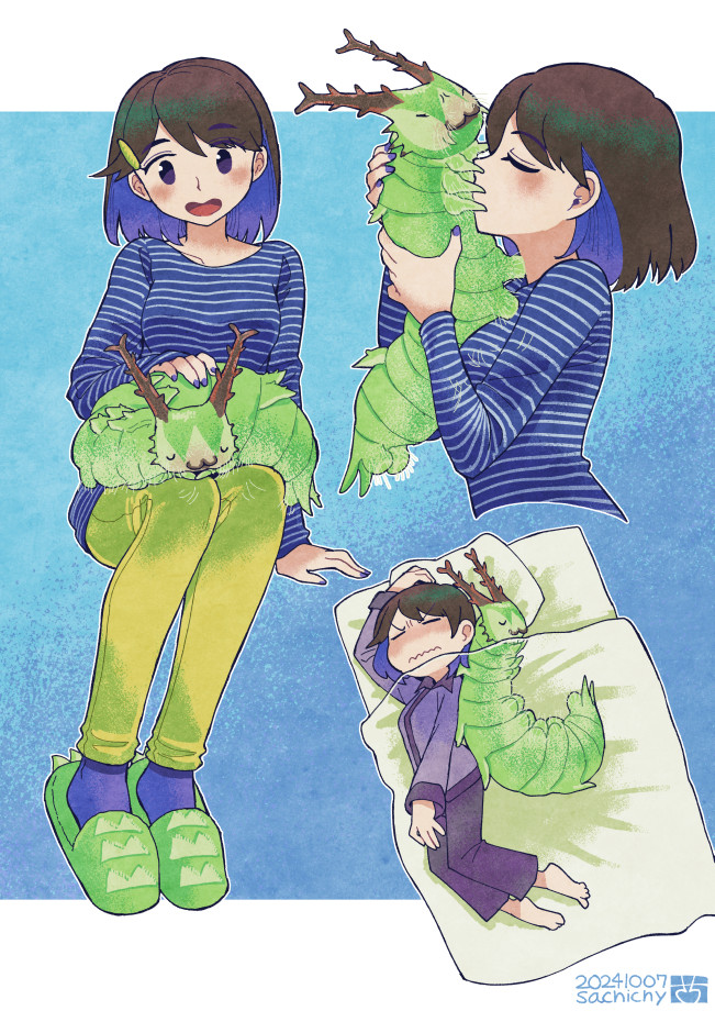1girl :3 aizawa_sachi animal animal_on_lap annoyed artist_name black_hair blush bug caterpillar closed_eyes colored_inner_hair dated futon green_footwear green_pants hair_ornament hairclip lying multicolored_hair on_lap open_mouth original pajamas pants purple_eyes purple_hair purple_nails purple_pajamas purple_shirt purple_socks shirt sitting sleeping slippers socks striped_clothes striped_shirt v-shaped_eyebrows wavy_hair