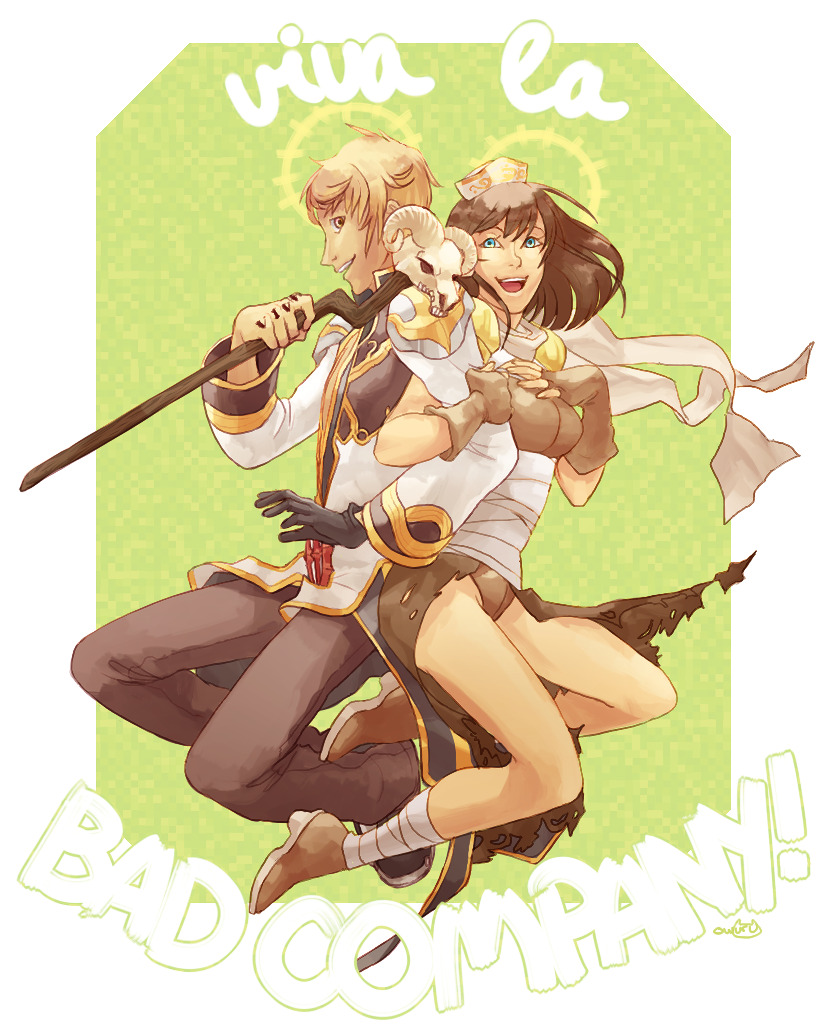 1boy 1girl animal_skull assassin_(ragnarok_online) black_coat black_gloves black_shoes blonde_hair breasts brown_cape brown_gloves brown_hair brown_leotard brown_pants brown_shoes cape coat commentary english_commentary english_text fingerless_gloves full_body gloves gold_trim green_background hat high_priest_(ragnarok_online) holding holding_staff jumping leotard locked_arms long_sleeves looking_at_viewer medium_breasts medium_hair memoryjoule multicolored_coat open_mouth pants ragnarok_online shoes short_hair smile staff torn_cape torn_clothes two-tone_coat waist_cape white_coat white_hat yellow_eyes