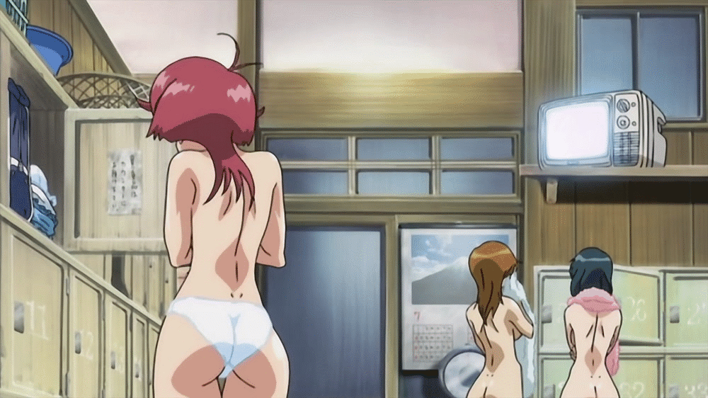 00s 3girls ahoge animated animated_gif aoi_anna ass ass_shake backboob black_hair breasts brown_hair butt_crack curvy dimples_of_venus female_focus multiple_girls panties red_hair shinkon_gattai_godannar!! shiny_skin standing topless_female underwear