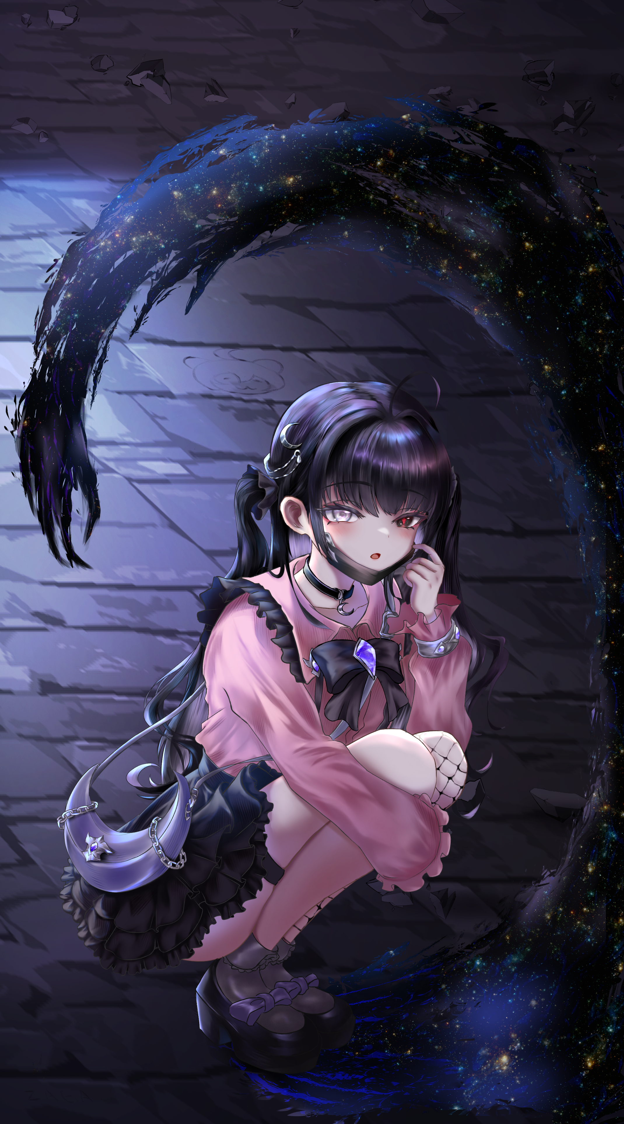 1girl absurdres asymmetrical_legwear bag black_choker black_eyes black_mask black_shoes black_skirt black_socks blush brown_dust_(series) brown_dust_2 capelet choker cobblestone fishnet_thighhighs fishnets flat_chest footwear_ribbon frilled_skirt frills full_body handbag heterochromia highres hugging_own_legs jirai_kei long_hair looking_at_viewer mask mask_pull moonlight mouth_mask open_mouth pink_capelet pink_shirt purple_bag shirt shoes shoulder_bag skirt socks solo sonya_(brown_dust_2) squatting thighhighs twintails very_long_hair white_eyes zaga