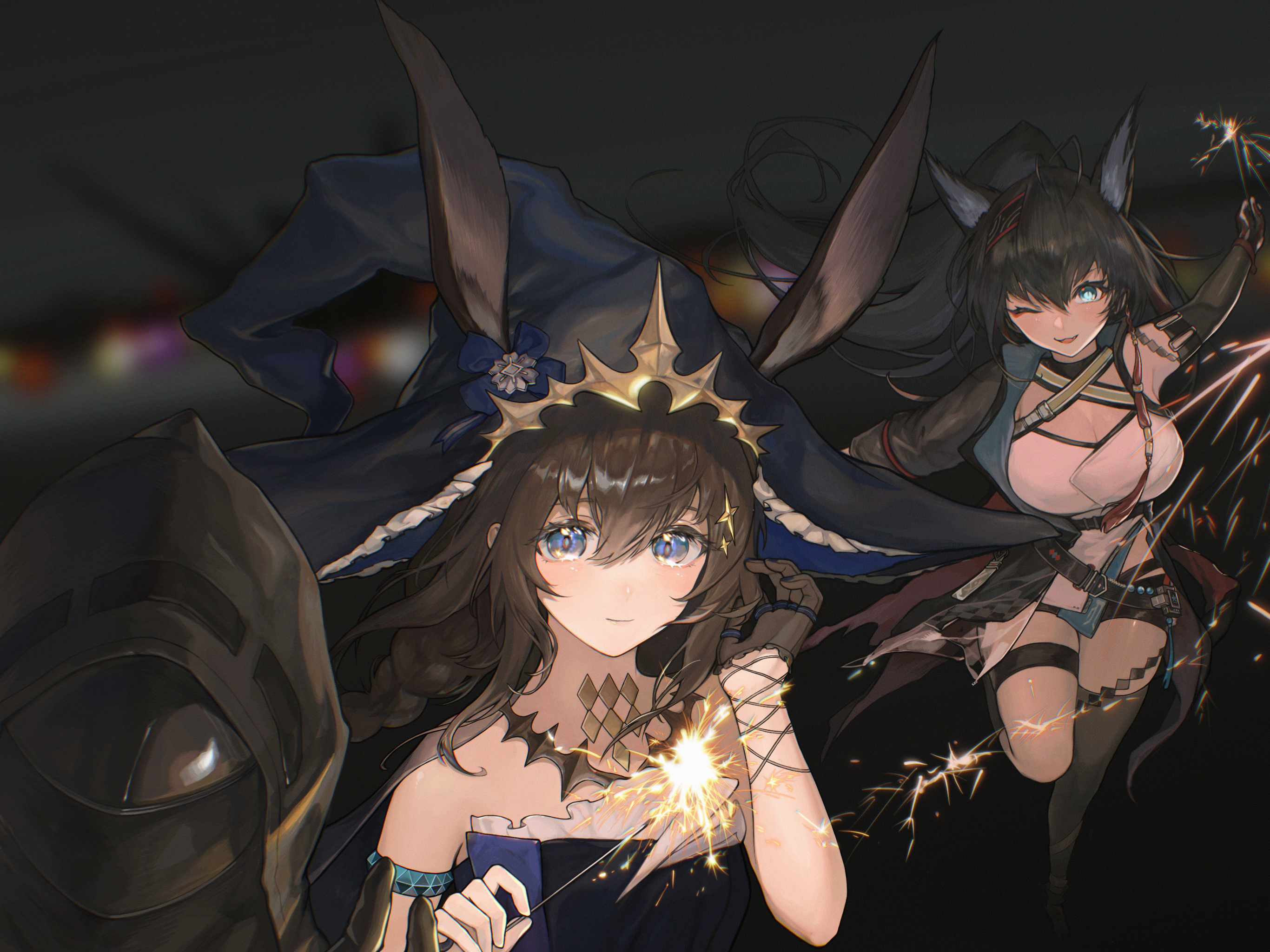 1other 2girls ;d ambience_synesthesia amiya_(arknights) amiya_(medic)_(arknights) amiya_(medic)_(solo_around_the_world)_(arknights) animal_ears arknights arm_up armlet black_hair black_hat blaze_(arknights) blue_eyes blurry blurry_background breasts brown_hair chinese_commentary cleavage commentary_request doctor_(arknights) ears_through_headwear fireworks frilled_hat frills hair_between_eyes hat highres holding holding_fireworks hood hood_up jewelry large_breasts long_hair multiple_girls official_alternate_costume one_eye_closed open_mouth outstretched_arm smile sparkler yanlianp