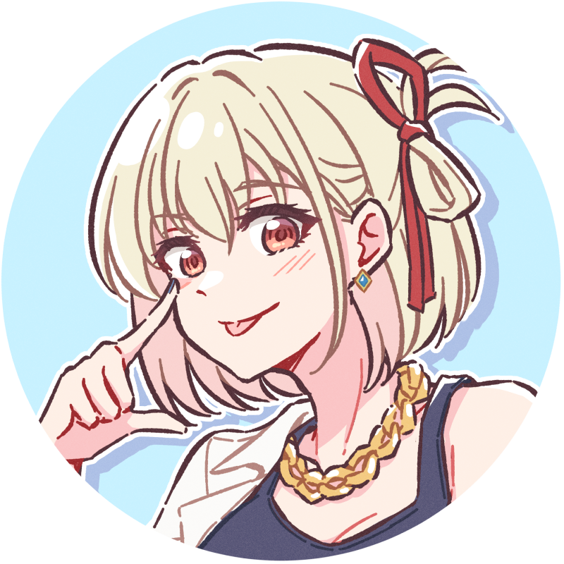 1girl akamirai blonde_hair chain circle earrings gold_chain jewelry looking_at_viewer lycoris_recoil necklace nishikigi_chisato portrait red_eyes red_ribbon ribbon short_hair single_earring smile tongue tongue_out