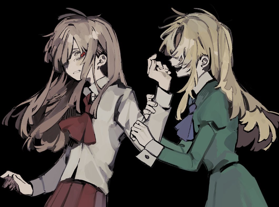2girls ascot black_background blue_ascot brown_hair collared_shirt covered_eyes dress green_dress grimace ib_(ib) ib_(kouri) juliet_sleeves long_hair long_sleeves looking_at_another mary_(ib) multiple_girls puffy_sleeves red_ascot red_eyes red_skirt shirt simple_background skirt takenaka_(takenaka1111) tearing_up white_shirt