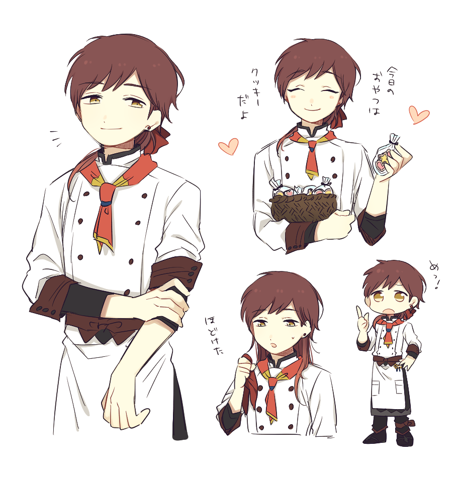 1boy :o ^_^ apron arne_no_jikenbo ascot bag basket black_boots black_pants black_shirt black_sleeve_cuffs blush_stickers boots bow brown_hair buttons candy character_request chef closed_eyes closed_mouth commentary commentary_request cropped_legs cropped_torso deformed double-breasted downturned_eyes earrings english_commentary food full_body grey_skirt hair_bow hair_over_shoulder hair_undone happy heart holding holding_basket holding_candy holding_food holding_own_arm holding_own_hair jacket jewelry korean_commentary layered_sleeves long_hair long_skirt looking_at_hand low_ponytail male_focus mixed-language_commentary multiple_views notice_lines open_mouth pants plastic_bag pocket pointing pointing_up ponytail red_ascot red_bow rolling_sleeves_up shirt shuntaro_(tya_nya0000) simple_background skirt smile standing stud_earrings sweatdrop three-quarter_sleeves translation_request waist_apron white_apron white_background white_jacket yellow_eyes