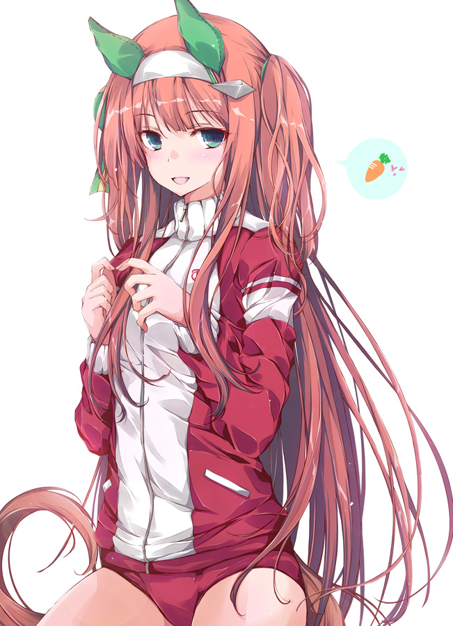 1girl animal_ears blunt_bangs buruma carrot commentary_request ear_covers green_eyes horse_ears horse_girl horse_tail jacket long_hair looking_at_viewer multicolored_jacket orange_hair red_buruma red_jacket silence_suzuka_(umamusume) simple_background solo tail track_jacket two-tone_jacket umamusume white_background yumesato_makura