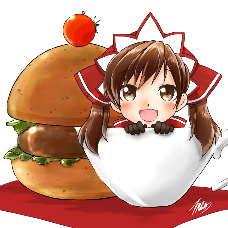 00s 1girl alicia_melchiott blush_stickers brown_eyes brown_hair burger cherry_tomato chibi cup female_focus food gloves hair_ribbon long_hair looking_at_viewer mar0maru mini_person minigirl open_mouth ribbon senjou_no_valkyria_(series) shiny_skin signature solo teacup tomato twintails white_background