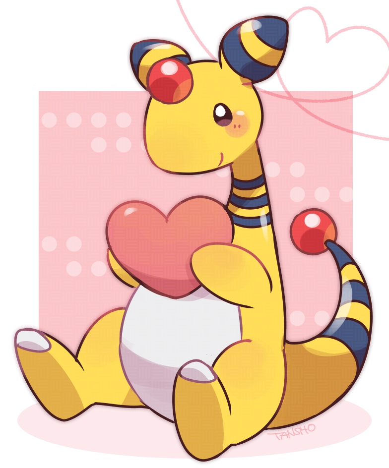 ampharos blush bright_pupils brown_eyes full_body gen_2_pokemon heart nintendo no_humans pokemon pokemon_(creature) sitting smile tail tansho white_pupils