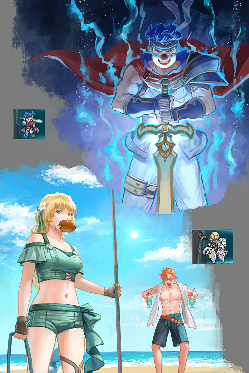 2boys 2girls abs beach bikini bikini_shorts blonde_hair blue_hair cape commentary cup english_commentary fire_emblem fire_emblem:_radiant_dawn fire_emblem:_three_houses fire_emblem_engage fire_emblem_heroes food_in_mouth game_screenshot_inset green_eyes headband highres holding holding_cup ike_(emblem)_(fire_emblem) ike_(fire_emblem) ingrid_brandl_galatea ingrid_brandl_galatea_(summer) long_hair male_swimwear mouth_hold multiple_boys multiple_girls navel nintendo ocean orange_hair pectorals planted planted_sword planted_weapon ragnell red_cape round_eyewear short_hair shorts sunglasses swim_trunks swimsuit sword sylvain_jose_gautier sylvain_jose_gautier_(summer) tinted_eyewear toned toned_male topless_male vetsa weapon