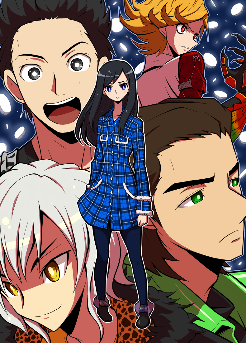 1girl 4boys ankh_(ooo) arms_at_sides black_hair black_pantyhose blank_eyes brown_hair buttons coat crazy_eyes full_body gamel green_eyes izumi_shingo kamen_rider kamen_rider_ooo_(series) kazari long_hair long_sleeves mezul multiple_boys pantyhose shirono silver_hair standing uva