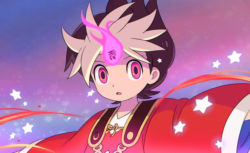 1boy :o amano_keita black_hair fire flipped_hair gradient_background ken-ou kokouemae looking_to_the_side male_focus multicolored_hair outstretched_arms parted_lips pink_eyes pink_fire portrait sideways_glance solo spiked_hair split-color_hair star_(symbol) three_quarter_view two-tone_hair white_hair youkai_watch