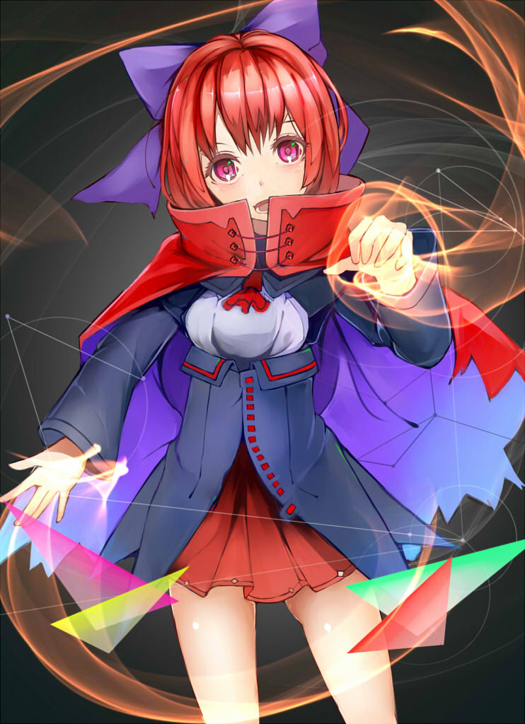 1girl ascot bad_id bad_pixiv_id bow breasts cape cowboy_shot dress female_focus framed_breasts glowing glowing_hand grey_background hair_bow hand_up head_tilt layered_dress long_sleeves looking_at_viewer md5_mismatch microskirt open_mouth radiosity_(yousei) red_eyes red_hair sekibanki short_hair skirt solo touhou