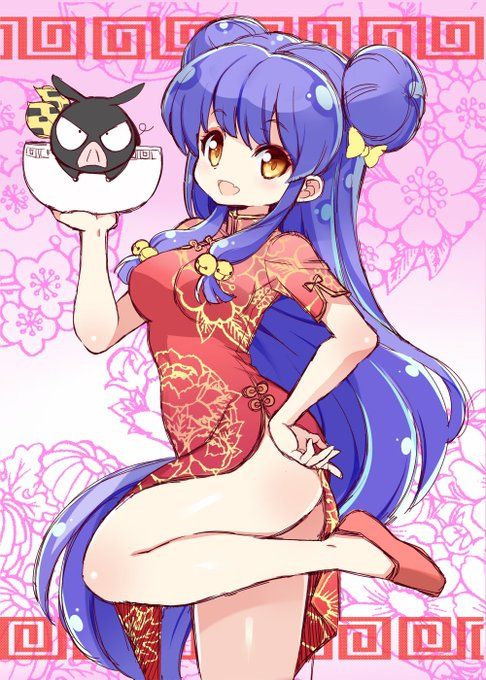 1girl chinese_clothes double_bun hair_bun hair_ornament long_hair non-web_source p-chan pig purple_hair ranma_1/2 red_shoes shampoo_(ranma_1/2) shoes sidelocks