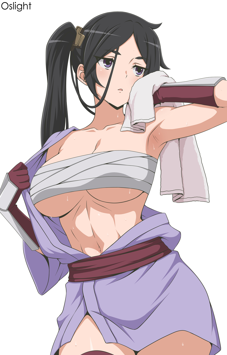 1girl artist_name black_hair breasts brown_gloves brown_thighhighs chest_sarashi cleavage commentary dungeon_ni_deai_wo_motomeru_no_wa_machigatteiru_darou_ka elbow_gloves gloves highres holding japanese_clothes kimono large_breasts long_hair navel oslight parted_bangs purple_eyes purple_kimono sarashi side_ponytail simple_background solo standing stomach sweat thighhighs thighs toned underboob watermark white_background yamato_mikoto