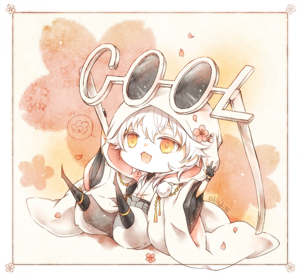 10s 1boy black_gloves cherry_blossoms gloves hituki_(ynk) hood japanese_clothes male_focus mini_person miniboy partially_fingerless_gloves petals pom_pom_(clothes) sitting sunglasses touken_ranbu touken_ranbu:_hanamaru tsurumaru_kuninaga white_hair yellow_eyes