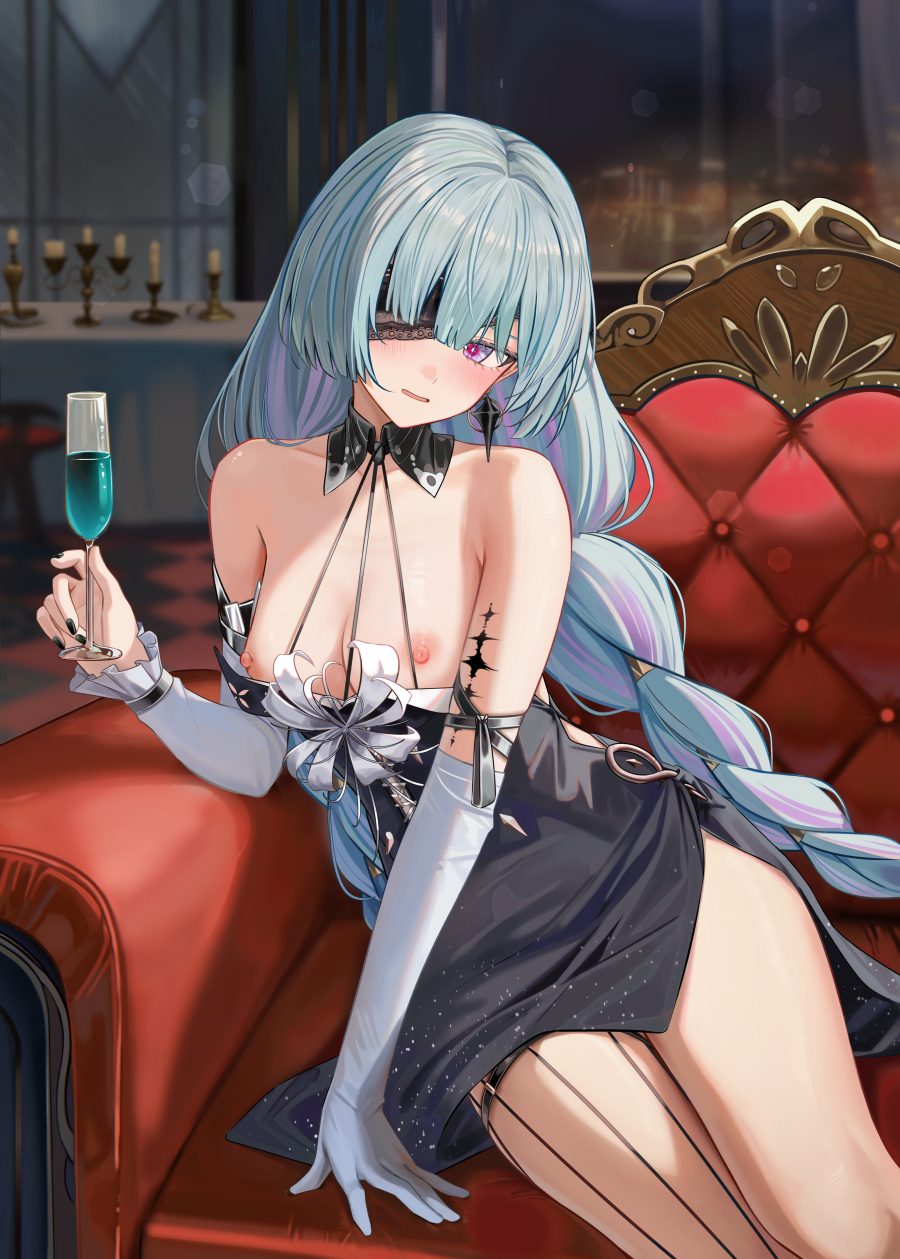 1girl adapted_costume alternate_costume armpit_crease bare_shoulders black_dress black_nails blush braid breasts commentary cup dress drinking_glass earrings elbow_gloves gloves grey_eyes grey_hair halter_dress halterneck highres holding holding_cup indoors jewelry long_hair low_twin_braids medium_breasts multicolored_hair nail_polish nipples one_eye_covered paid_reward_available parted_lips phrolova_(wuthering_waves) red_pupils ru_zhai sitting solo streaked_hair symbol-only_commentary tacet_mark_(wuthering_waves) thighs twin_braids very_long_hair white_gloves wuthering_waves